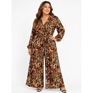 Metamorphosis Girl Retro Psychedelic Swirl Wide Leg Jumpsuit Orange Brown Small